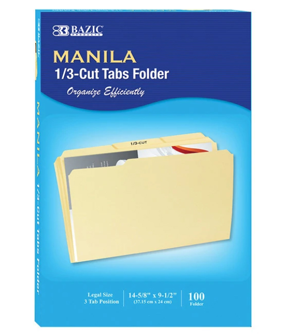 Manila File Folder 1/3 Cut Legal Size Office & Packaging Supplies in